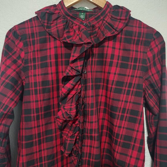 Ralph Lauren Buffalo Plaid Ruffle Shirt Top Button Long Sleeve M Red Holiday - Picture 4 of 9